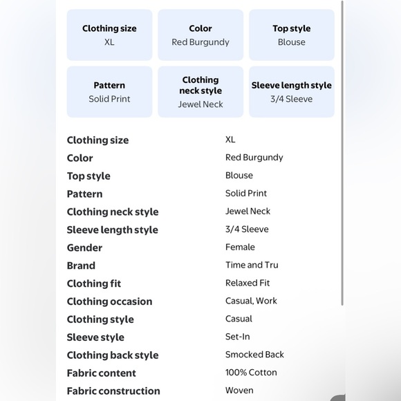 Time and Tru Women's XL Blouse NWT Red Floral Cotton Button Front 3/4 Sleeve Top - Picture 13 of 13